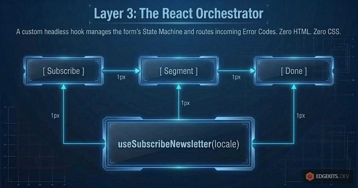 State machine diagram for a multi-step React Hook Form orchestrator, illustrating lazy loading and UI state transitions without CSS or HTML coupling