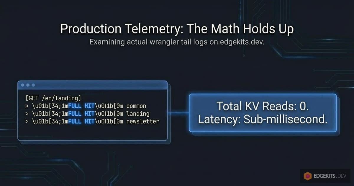 Real wrangler tail telemetry from edgekits.dev production deployment showing FULL HIT on all three requested namespaces (common, landing, newsletter) with total KV reads equal to zero and sub-millisecond latency on the Cloudflare Workers hot path.