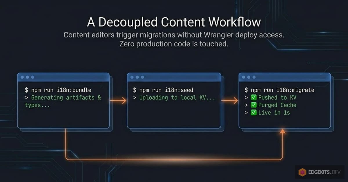 Decoupled content workflow for edge-native i18n: three-step command progression from npm run i18n:bundle for local artifacts, through i18n:seed for local KV seeding, to i18n:migrate for production KV push and instant cache purge - all without Wrangler deploy access.