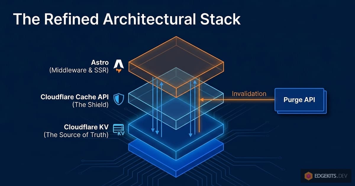 Refined edge-native i18n architectural stack: Astro middleware and SSR on top, Cloudflare Cache API as the edge shield layer, Cloudflare KV as the source of truth at the bottom, with Purge API performing external invalidation.