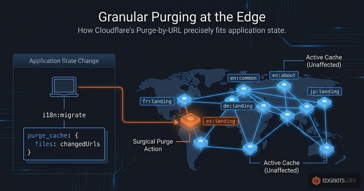 Granular cache purging at the Cloudflare edge: i18n:migrate command triggers surgical purge of only the changed locale-namespace pair (es:landing) while active cache entries for all other locales and namespaces remain unaffected across the global edge network.