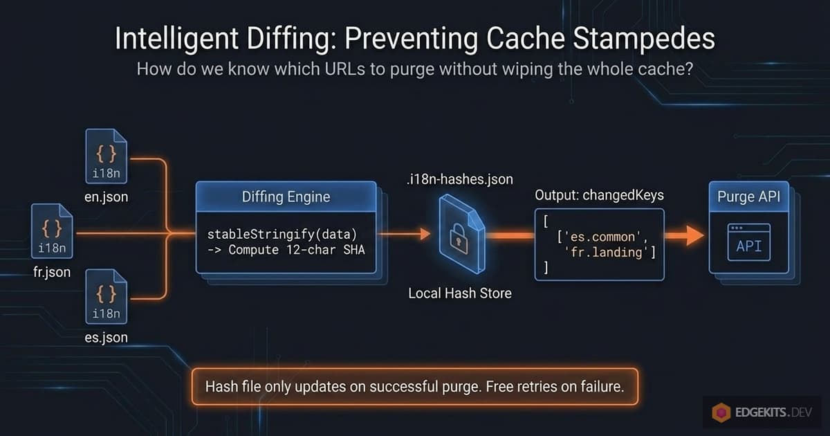 Intelligent content diffing pipeline for selective translation cache purging: stableStringify with 12-character SHA hash per locale-namespace pair, compared against .i18n-hashes.json local store to produce changedKeys array fed into the Cloudflare Purge API with graceful retry on failure.