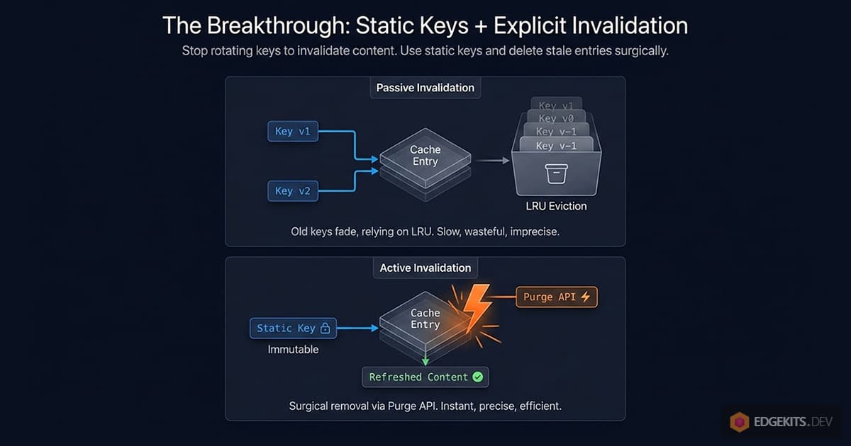 Passive versus active cache invalidation comparison: passive approach relies on rotating cache keys and LRU eviction (slow, wasteful); active approach uses static keys with surgical Cloudflare Purge API invalidation (instant, precise).