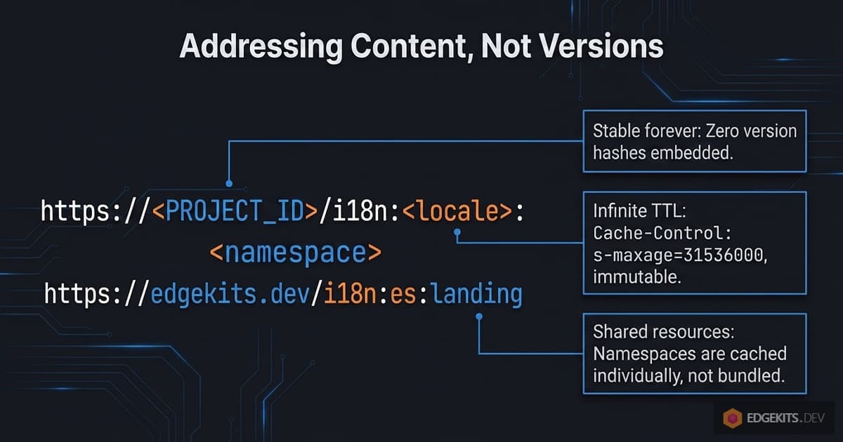 Per-namespace translation cache key structure on Cloudflare Workers: https://PROJECT_ID/i18n:locale:namespace format with infinite TTL via Cache-Control s-maxage=31536000 immutable directive and individual namespace isolation.