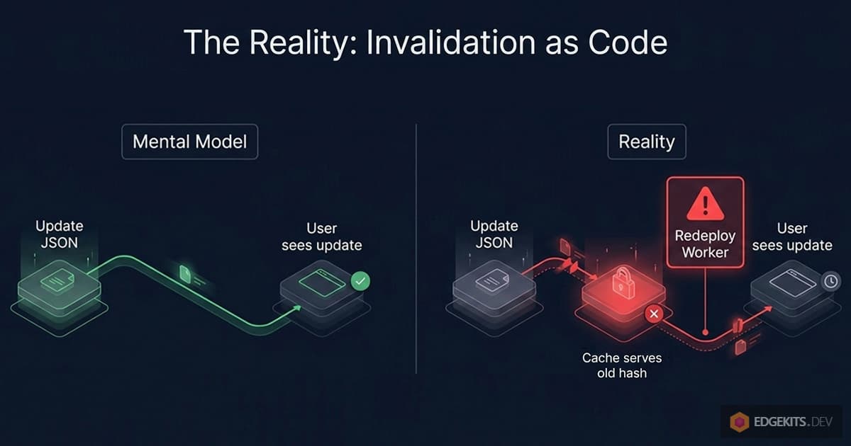 Mental model versus reality diagram for TRANSLATIONS_VERSION cache invalidation: in theory, editing JSON propagates directly to users; in practice, the cache serves the old hash until a full Worker redeploy rotates the cache key.