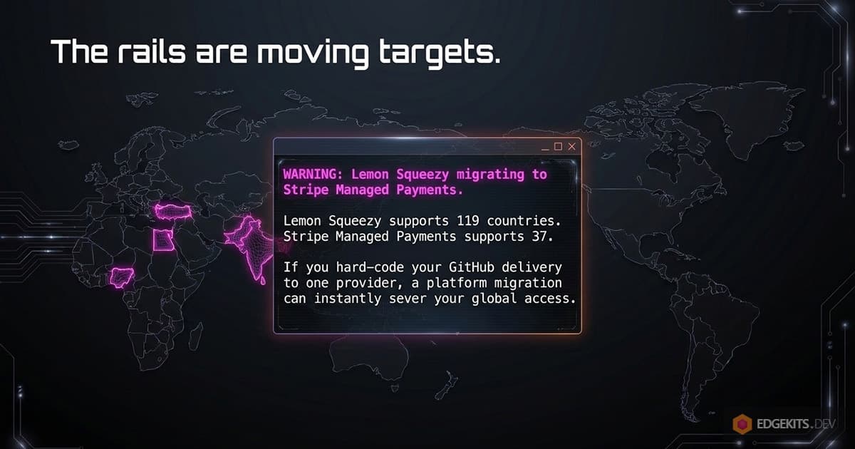 World map with Turkey, Egypt, Nigeria, Pakistan, Bangladesh and India highlighted and a terminal warning that Lemon Squeezy supports sellers in 119 countries while Stripe Managed Payments supports 37, so GitHub delivery hard-coded to one provider breaks on migration.