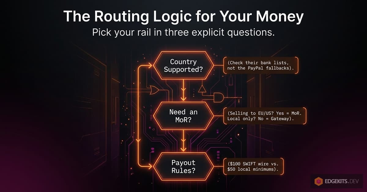 Flowchart for picking a payment rail in three questions: is the country on the provider's bank list, is a merchant of record needed for EU and US buyers, and what are the payout rules such as a $100 wire minimum against a $50 local one.