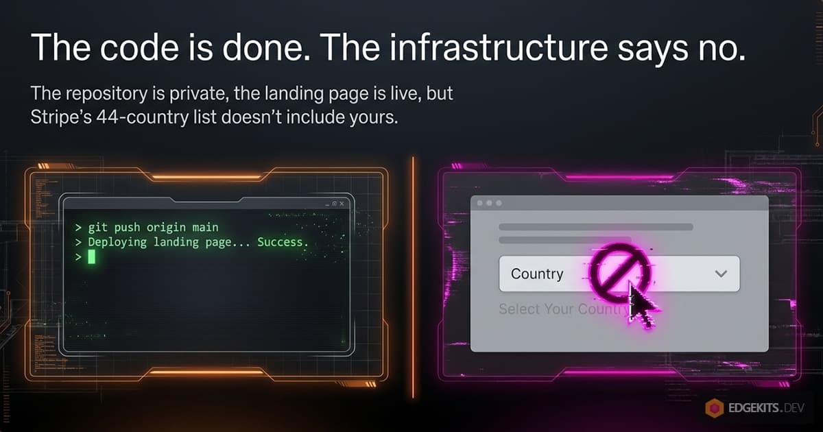 Split scene for a code seller: a terminal shows the landing page deployed successfully while a checkout form's country dropdown is crossed out, because Stripe's 44-country list does not include the seller's country.