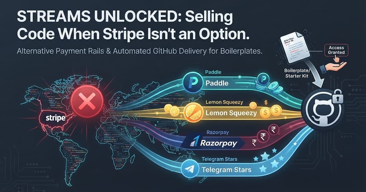 A world map with Stripe crossed out and four payment rails, Paddle, Lemon Squeezy, Razorpay and Telegram Stars, flowing from unsupported countries into a locked GitHub repository marked access granted.