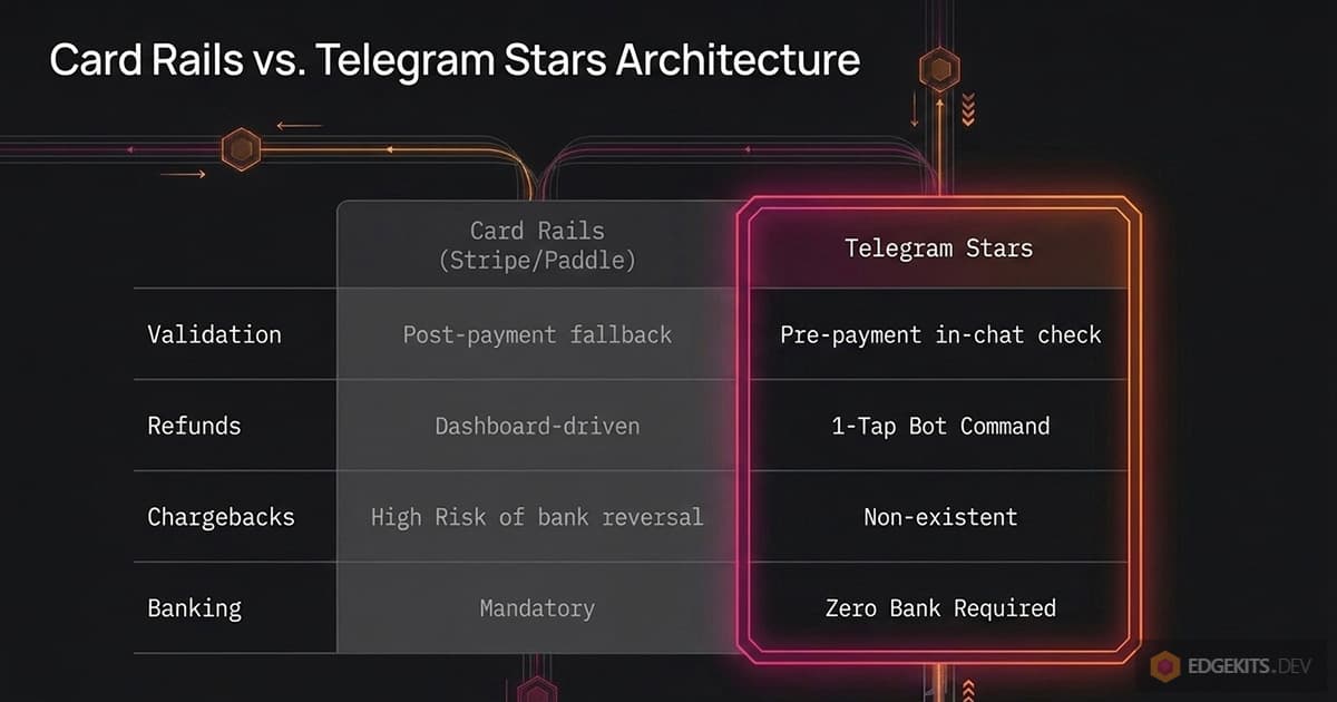 Comparison table of card rails versus Telegram Stars for selling repo access: username validation moves from post-payment fallback to a pre-payment in-chat check, refunds from dashboards to one bot tap, chargebacks become non-existent, and no bank is required.