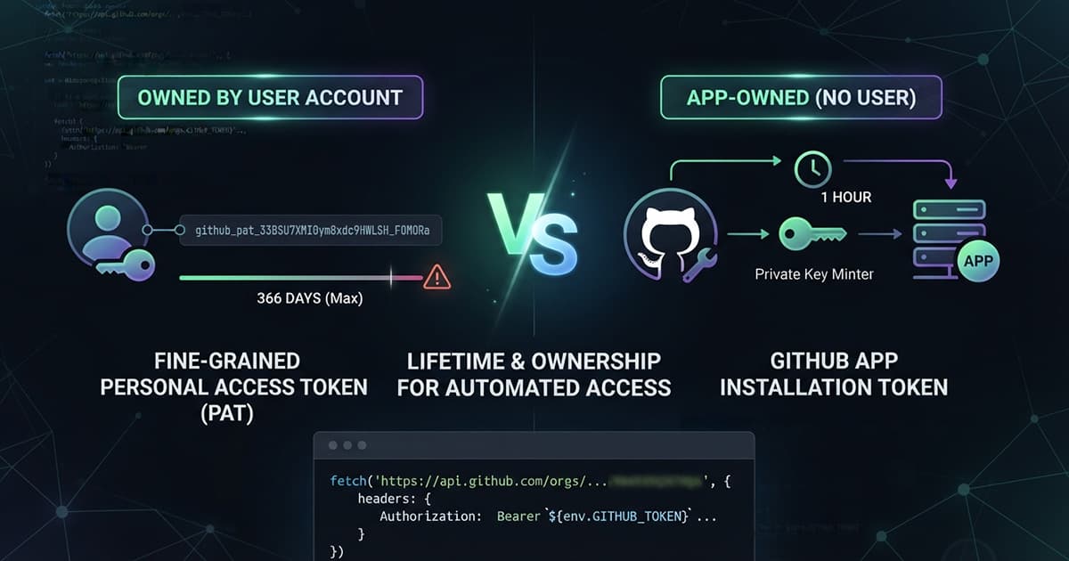A fine-grained personal access token owned by a user account with a 366-day maximum, set against a GitHub App installation token minted from a private key that lasts one hour.