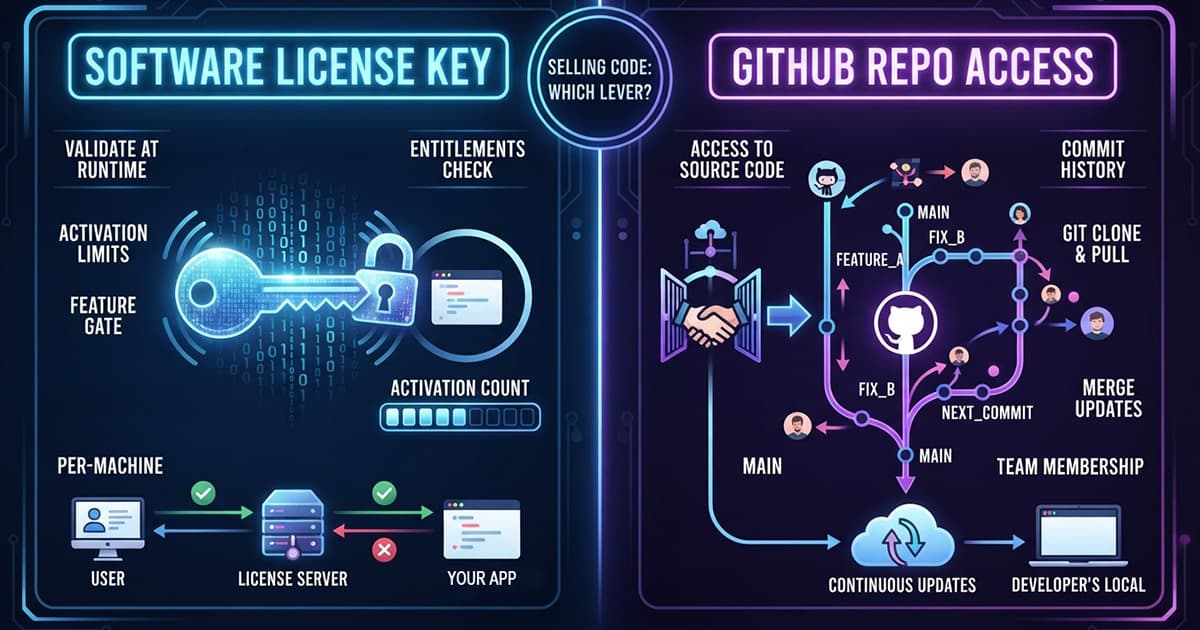 A license key checked by a license server before an app runs, set beside GitHub repo access, where a team member clones the source and pulls each update.