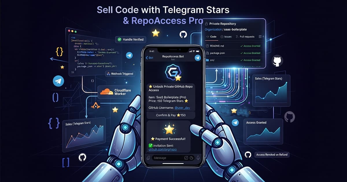 Illustration of selling code with Telegram Stars: a bot chat on a phone with a verified GitHub username, a payment in Stars and an invitation sent, a Cloudflare Worker, a private GitHub repository with access granted, Stars sales charts, and access revoked on refund.