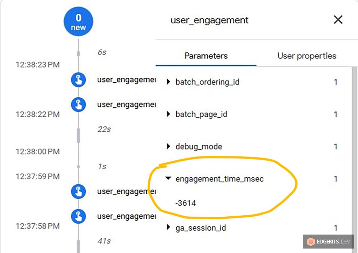 GA4 DebugView event parameter panel showing a user_engagement event with a negative engagement_time_msec value