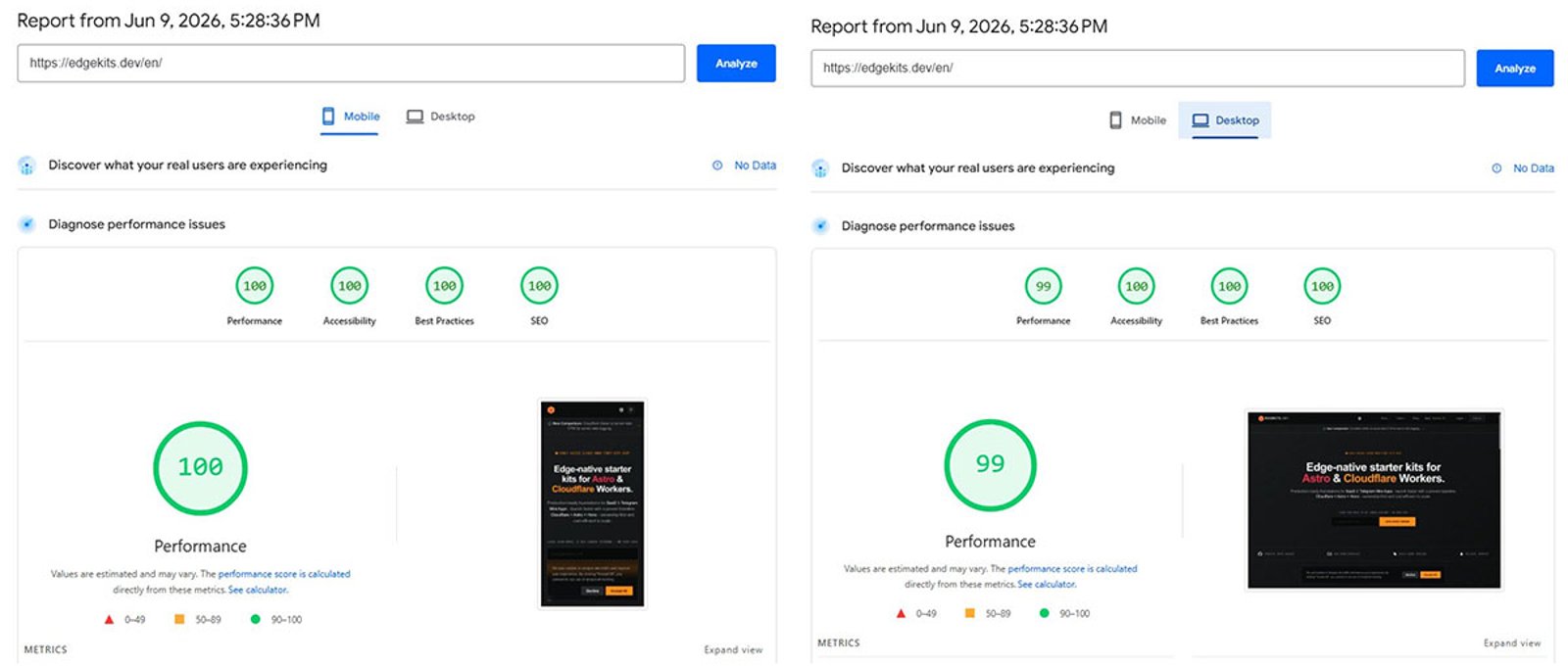 PageSpeed Insights for the React-island build, run one: 100 Performance on mobile and 99 on desktop, with Accessibility, Best Practices, and SEO at 100.