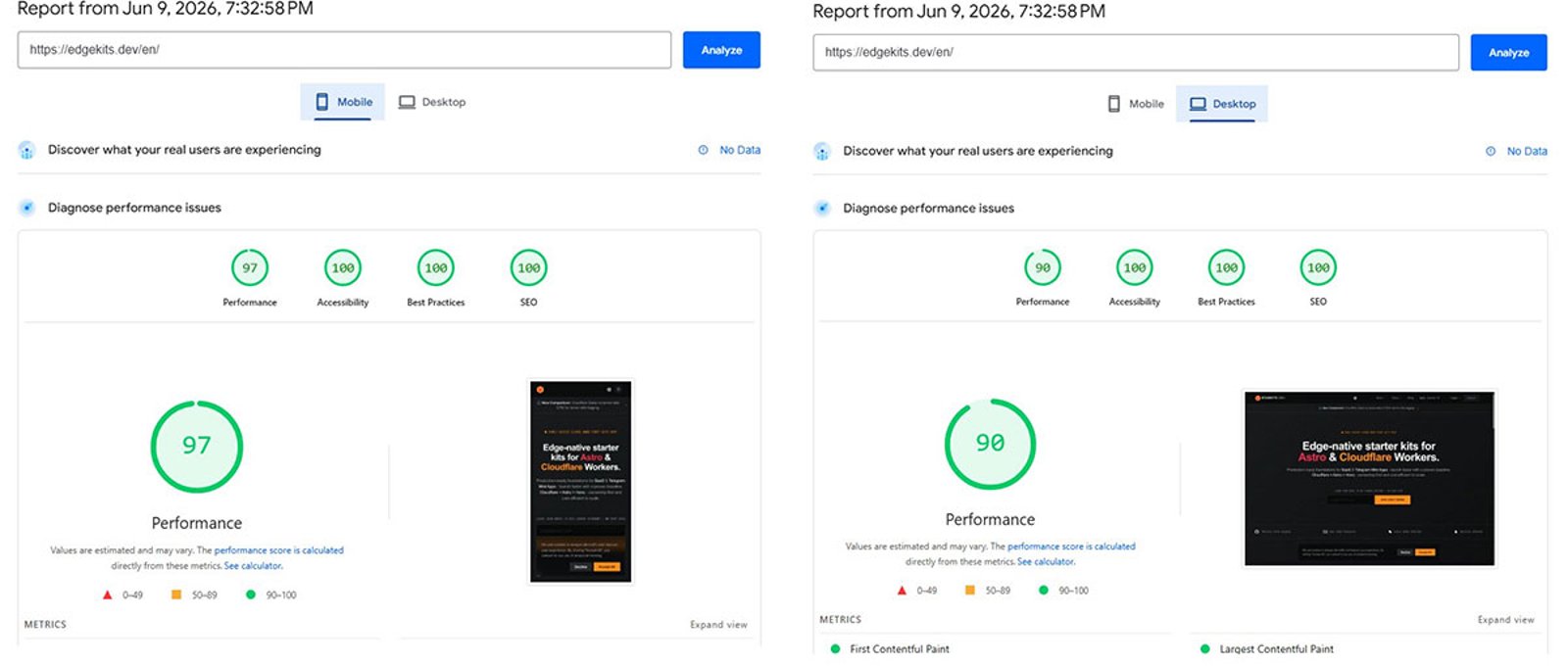 PageSpeed Insights for the same React-island build two hours later, run two: 97 Performance on mobile and 90 on desktop, the same page on a worse sample.